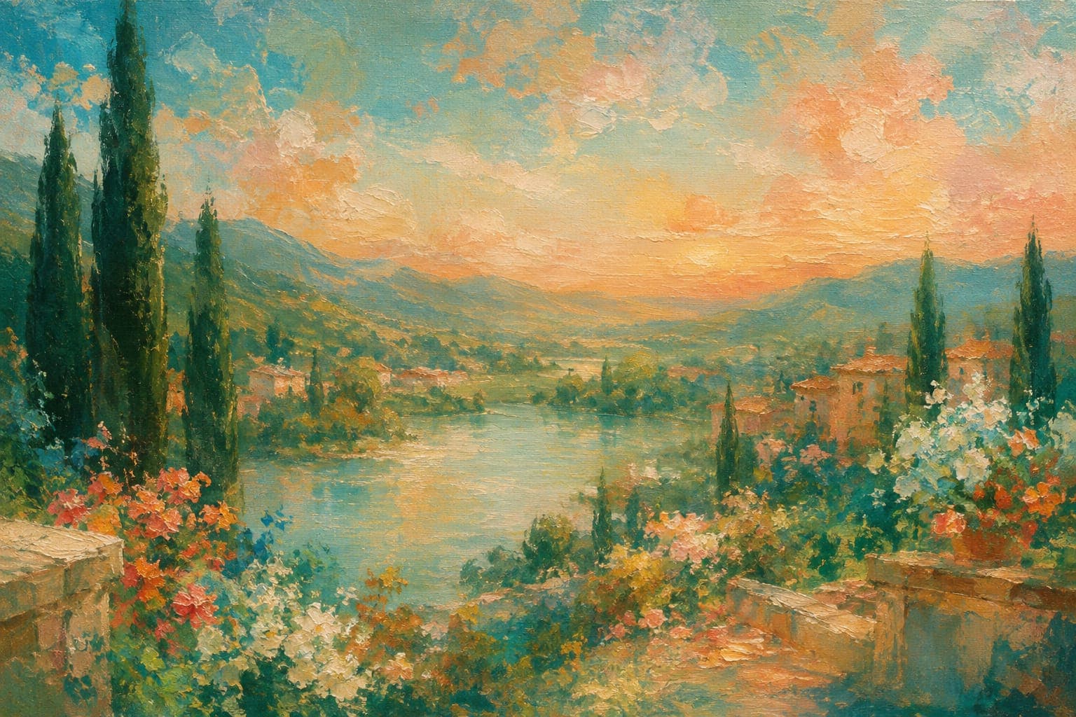 Painting of a river valley with cypresses and a hillside village at sunset